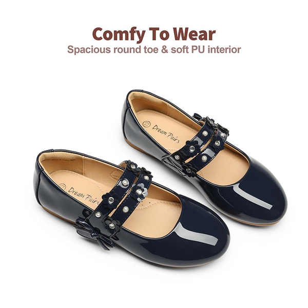 Girls Flower Pearls Bow Mary Jane Flats - NAVY - 3